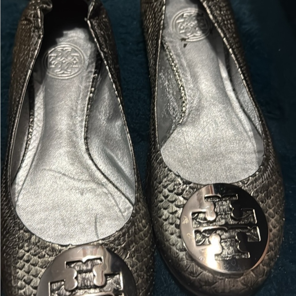 Tory Burch Silver Flats with Logo Medallion